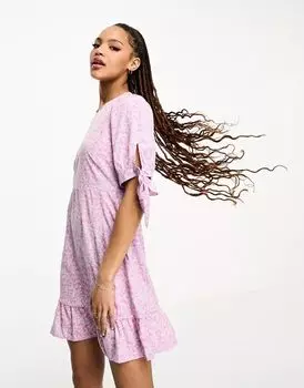 Мини-платье Vero Moda розово-сиреневого цвета с кружевными рукавами и животным принтом