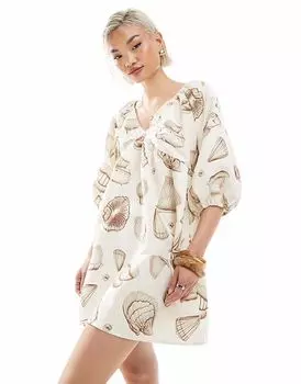 Мини-платье Vero Moda с рукавами-блузонами и нейтральным принтом ракушек