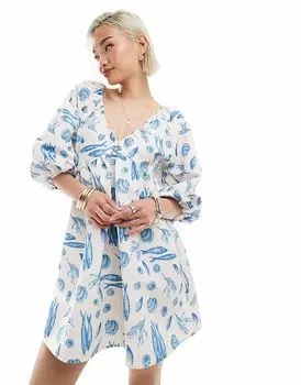 Мини-платье Vero Moda с рукавами-блузонами и синим принтом морской жизни