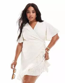 Мини-платье Vila Curve из джерси с вышивкой и запахом кремового цвета