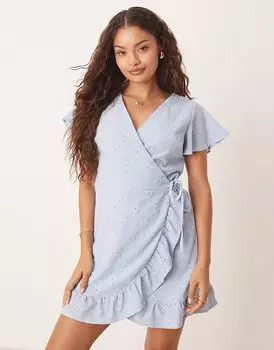 Мини-платье Vila Petite из джерси с вышивкой и запахом в цвете «Кентукки-синее»