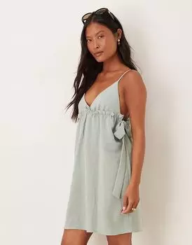 Мини-платье Vila Petite с бантом в цвете шалфейно-зеленый