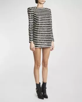 Мини-платье в блестящую полоску с пуговицами Balmain, цвет Blk White