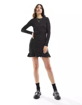 Мини-платье в горошек с длинными рукавами и рюшами New Look