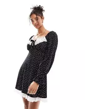 Мини-платье в горошек с кружевной отделкой и бантом Miss Selfridge
