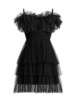 Мини-платье в горошек с оборками Zac Posen, черный