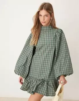 Мини-платье в клетку зеленого цвета Ghospell