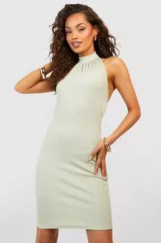 Мини-платье в ребку с высокой шеи Boohoo, шалфей
