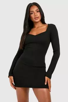 Мини-платье в рубчик с длинными рукавами Sweetheart boohoo, черный
