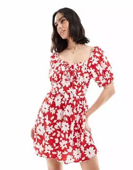 Мини-платье Wednesday's Girl с ярким цветочным принтом и рукавами-фонариками красного цвета