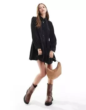 Мини-платье вельветового кроя с баской по низу черного цвета ASOS DESIGN