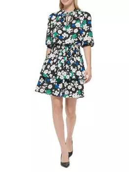 Мини - Платье Ярусное Karl Lagerfeld Paris с цветочным принтом, черный