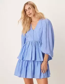 Мини-платье YAS с рукавами-фонариками и пуговицами спереди в стиле бохо в цвете прованс-синего цвета