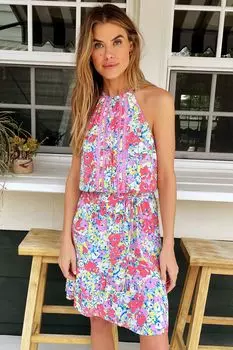 Мини-платье завязанное на талии с вырезом через шею и вырезом на талии Love & Roses, розовый