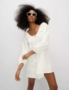 Мини-пляжное платье из чистого хлопка с цветочным принтом Marks & Spencer, мягкий белый