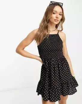 Мини-сарафан в черно-белый горошек со сборками ASOS и квадратным вырезом