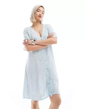 Мини-солнце-платье Monki на пуговицах с синим цветочным принтом