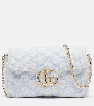 Мини-сумка GG Marmont через плечо из букле Gucci, White Lt Blu/Gr.Whit