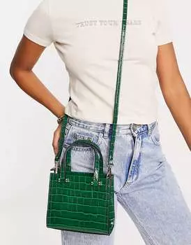 Мини-сумка из кожи крокодила ASOS с верхней ручкой и съемным ремешком через плечо лесно-зеленого цвета