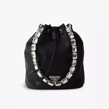 Мини-Сумка из нейлона и кожи Re-Nylon с драгоценными камнями Prada, черный