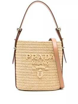 Мини-сумка Prada из рафии с треугольным логотипом, бежевый
