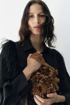 Мини-сумка с бисером ZARA, коричневый