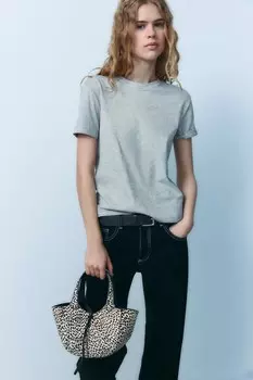 Мини-сумка-шоппер из кожи с животным принтом ZARA, разноцветный