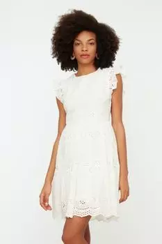 Мини-тканое платье с рюшами и рюшами на талии цвета экрю TWOSS21EL2641 Trendyol