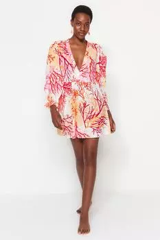 Мини-тканое пляжное платье из 100 % хлопка с коралловым узором Trendyol, разноцветный