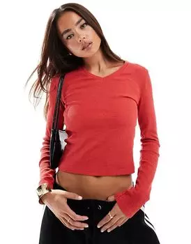 Мини-топ с v-образным вырезом и длинными рукавами из вафельной ткани красного цвета ASOS DESIGN