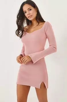 Мини-трикотажное платье с испанским рукавом и воротником-стойкой Olalook, розовый