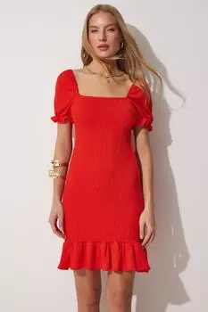 Мини-трикотажное платье с квадратным вырезом и позументом Happiness stanbul, оранжевый