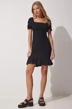 Мини-трикотажное платье с квадратным вырезом и позументом Happiness stanbul, черный