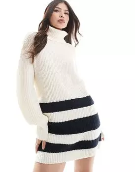 Мини-трикотажное платье с воротником-стойкой и полосатым подолом кремового и черного цветов Wednesday's Girl