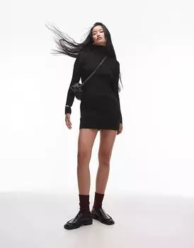 Мини-трикотажное платье с высоким воротом черного цвета Mango