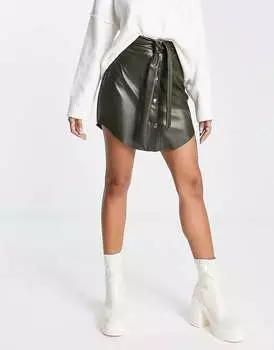 Мини-юбка цвета хаки из искусственной кожи на пуговицах с поясом ASOS