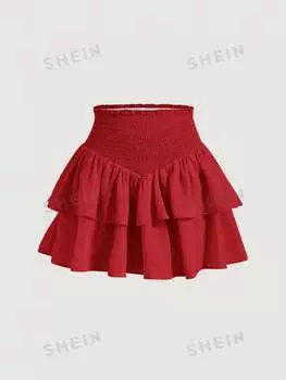 Мини-юбка двухслойная Shein Mod Shein Mod с асимметричным подолом и присборенной талией, красный