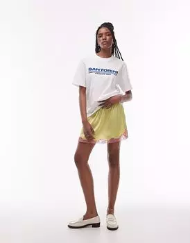 Мини-юбка из атласа Topshop цвета лайма с бледно-розовым кружевом