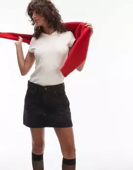 Мини-юбка из денима с ламбрекеном черного цвета Topshop