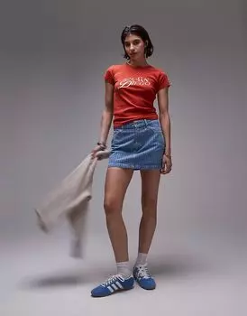 Мини-юбка из денима Topshop в полоску цвета белизны