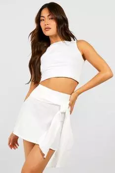 Мини-юбка из хлопка с поясом Boohoo, белый