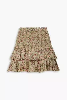 Мини-юбка из хлопковой вуали с присборенным принтом ISABEL MARANT TOILE, зеленый