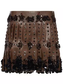 Мини-юбка из кожи с вышивкой Prada, коричневый