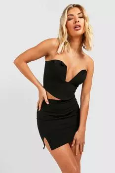 Мини-юбка из крепа с двойным разрезом спереди boohoo, черный