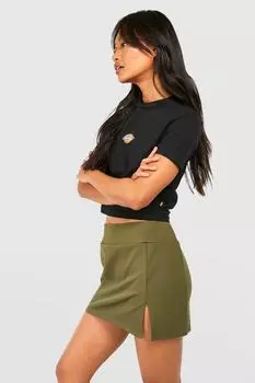 Мини-юбка из крепа с глубоким поясом и разрезами на бедрах Boohoo, хаки
