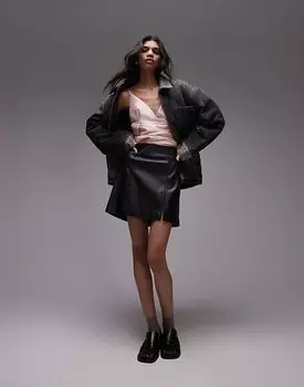 Мини-юбка из натуральной кожи со швами черного цвета Topshop