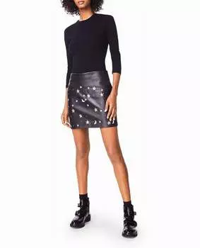Мини-юбка из овечьей кожи черного цвета с декором «Звездная ночь» Nicole Miller