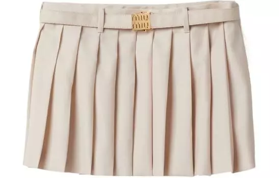 Мини-юбка из плиссированной шерсти MIU MIU, Ecru