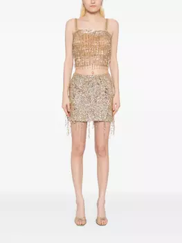 Мини-юбка из тюля Elisabetta Franchi с пайетками и бахромой, золотой