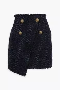 Мини-юбка из твида букле с эффектом металлик и запахом BALMAIN, нави